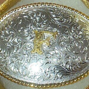 Vintage Metal Belt Buckle, Silver and Brass, Initial F, Letter F, Nocona, Nice